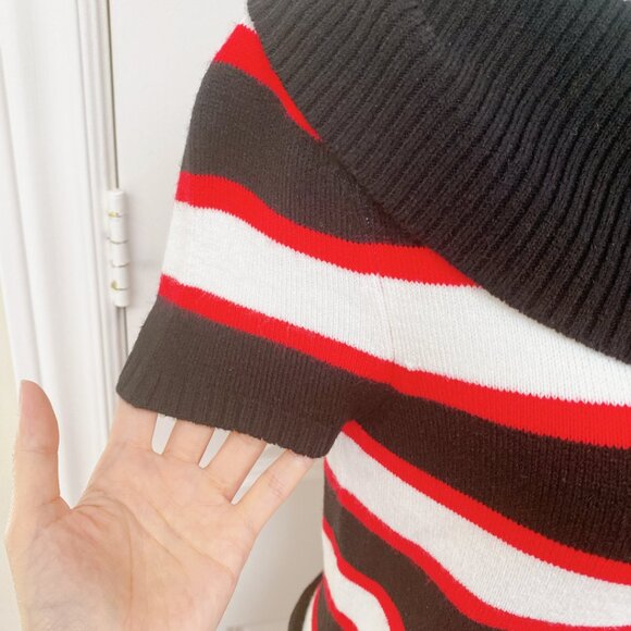 Le Chateau Red Black White Striped roll button neck Knitted Belted Mini Dress - Picture 2 of 6